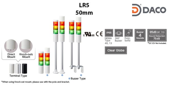 LR5-301LJBW-RYG Đèn tháp Patlite Φ50 Bóng LED 3 tầng Còi Buzzer 85dB IP65