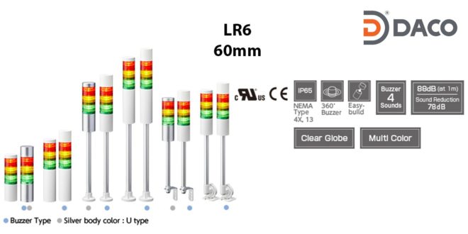 LR6-501QJBW-RYGBC Đèn tháp Patlite Φ60 Bóng LED 5 tầng Còi Buzzer 88dB IP65